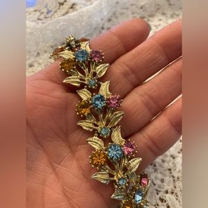 Vintage Pastel Rhinestone Gold-tone Bracelet 8” PINK BLUE YELLOW GORGEOUS